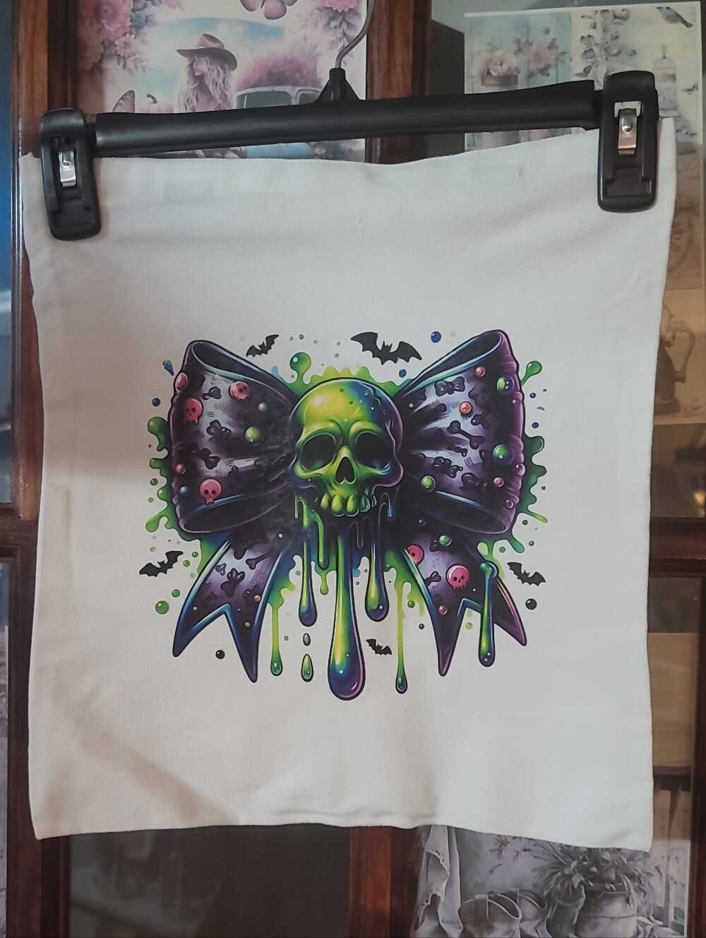 Neon Green & Purple Skull Bow Canvas Tote Bag
